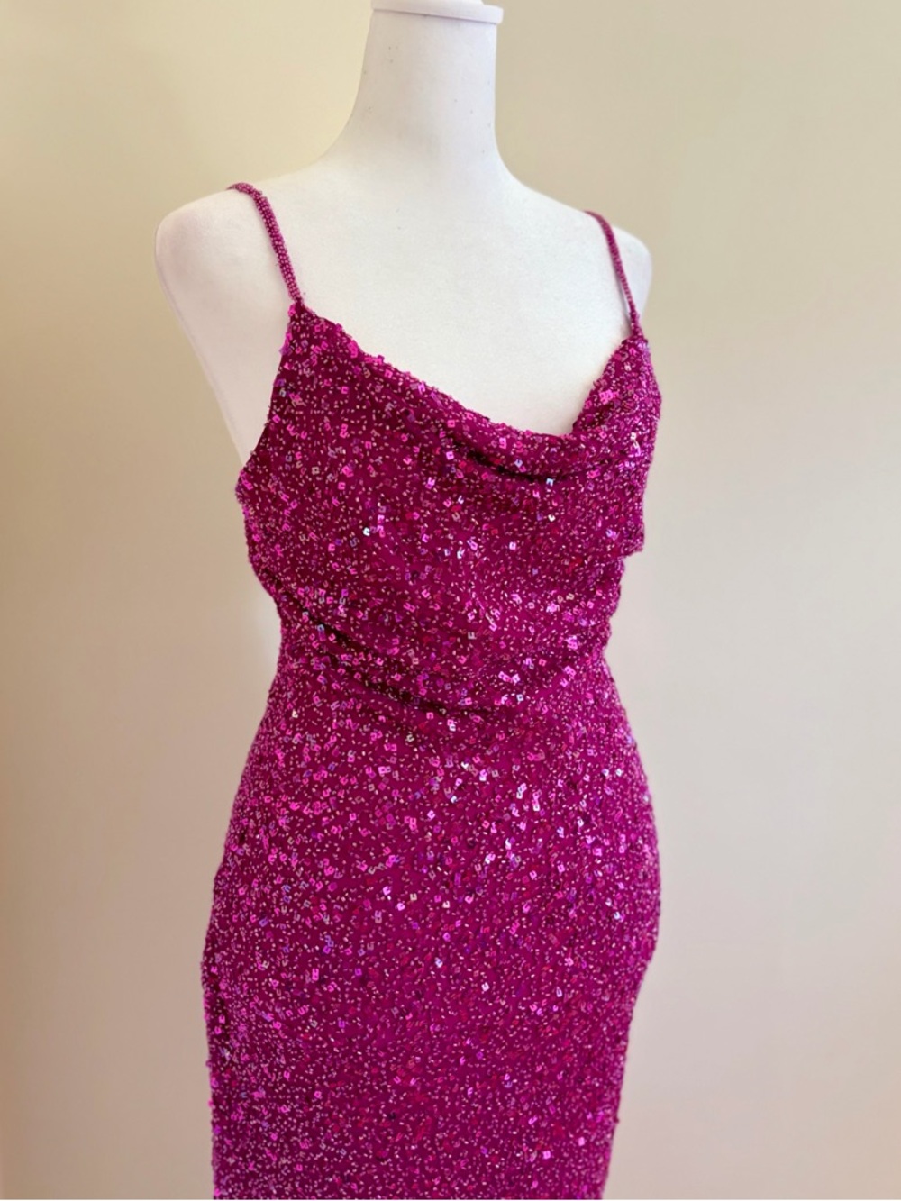 Vintage Scala pink sequin silk maxi formal dress cowl neck prom glam Barbie XS